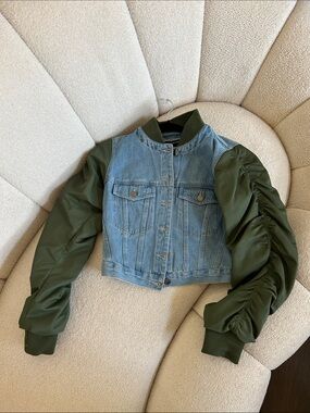Veronica Beard Denim Bomber Jacket with Olive Ruched Sleeves